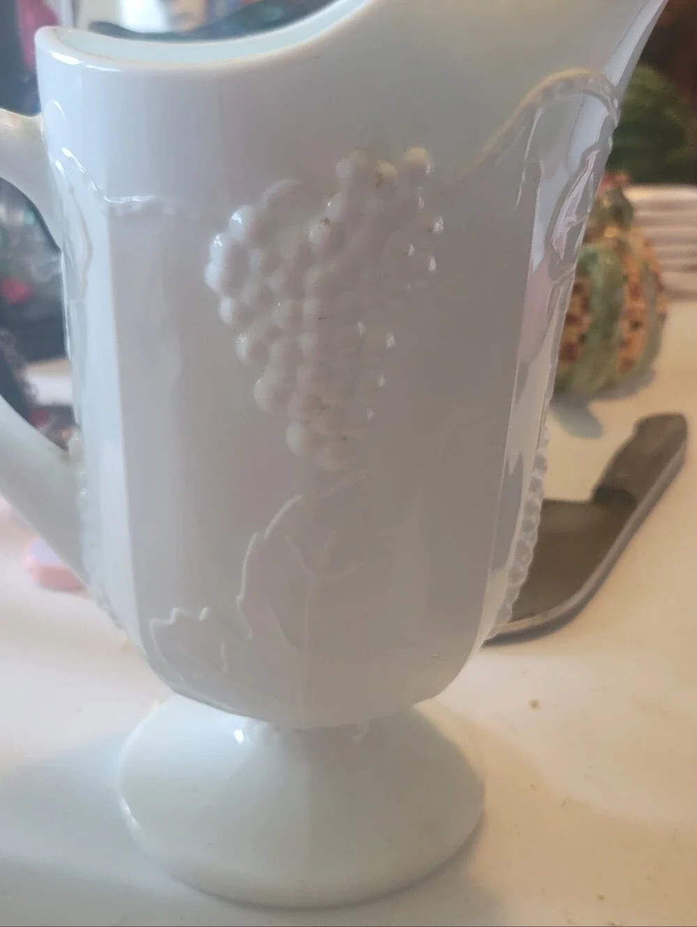 Vintage Indiana Glass Harvest Grape White Milk Glass Pitcher & Vase Set 1970s